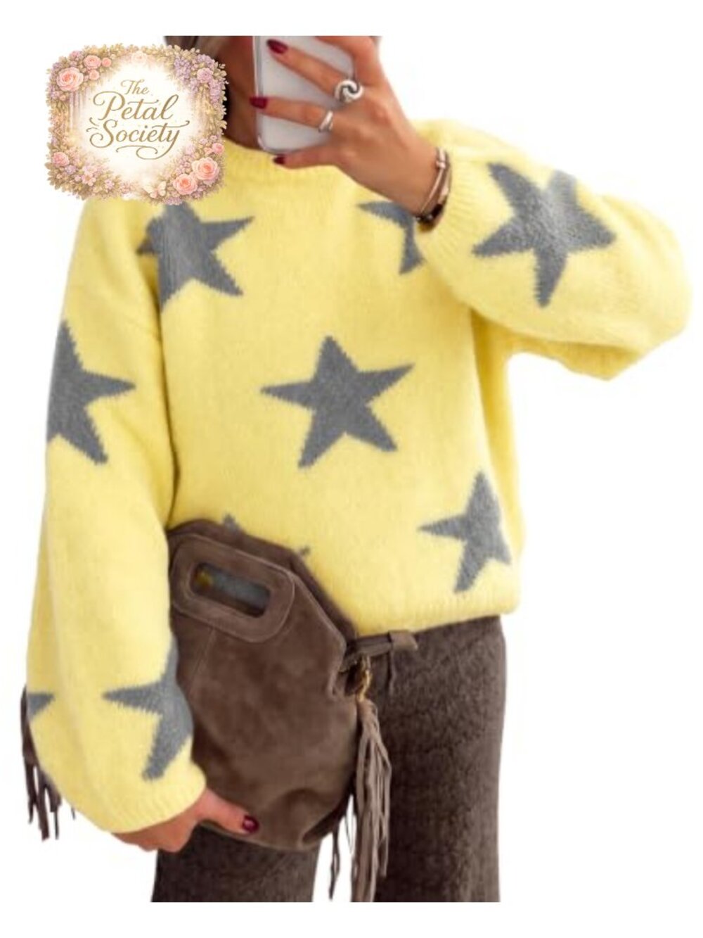 Star Pattern Pullover Sweater Crew Neck Long Sleeve Loose Fit Knit Women's